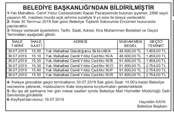 Ayancık Belediye Başkanlığı'ndan Bildirilmiştir