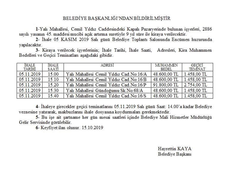 Belediye Başkanlığından Bildirilmiştir