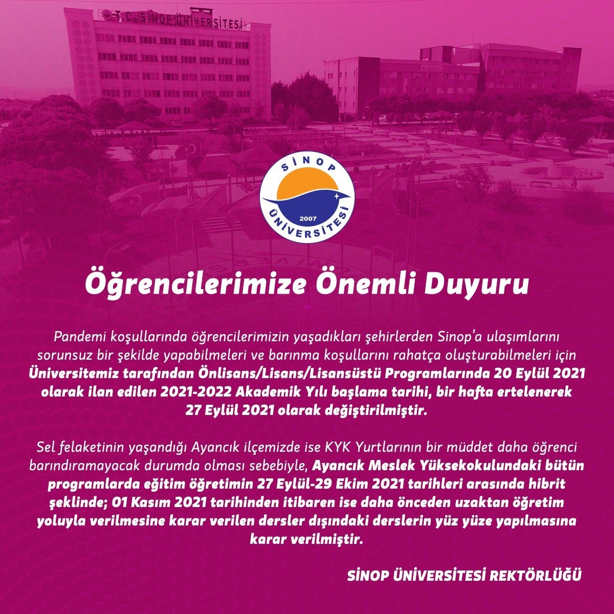 Sinop Üniversitesi’nde Yüz Yüze Eğitim Ertelendi