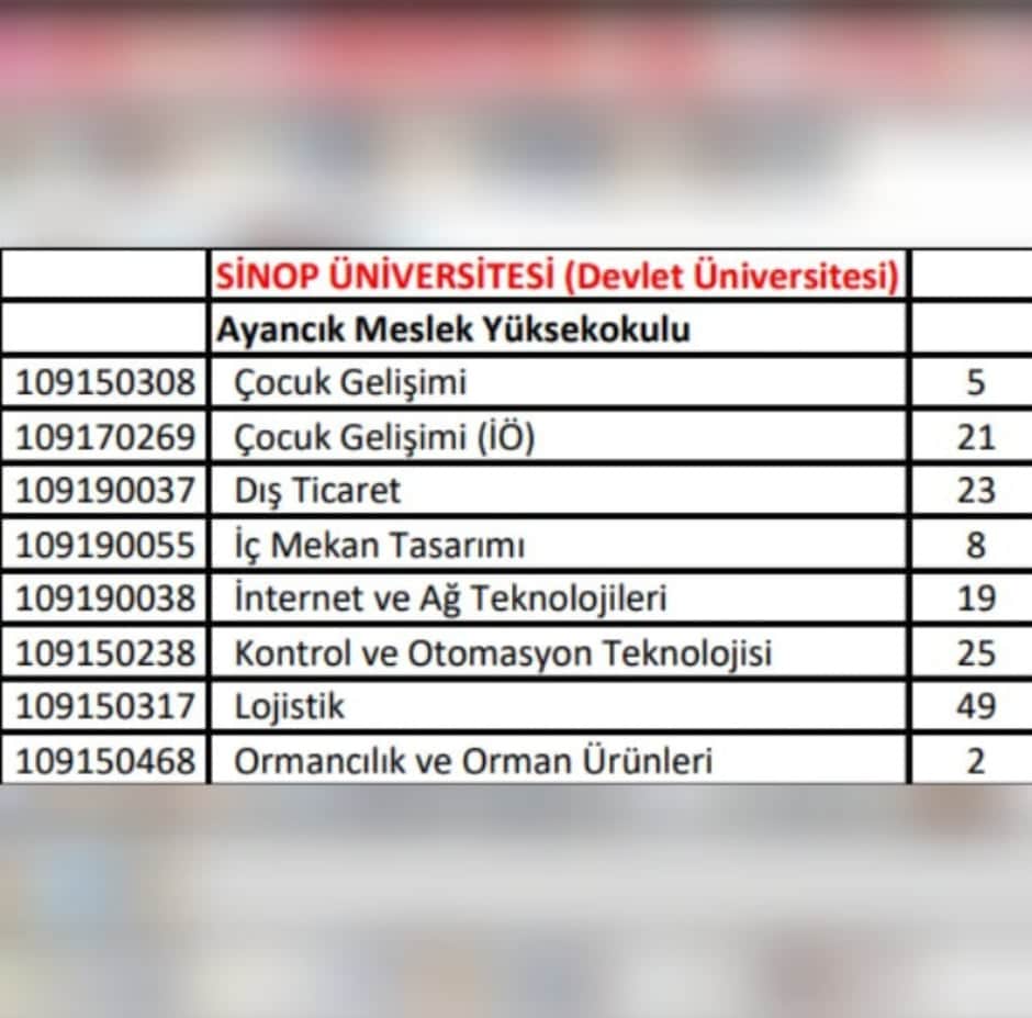 Ayancık MYO 2021 YKS İkinci Ek Yerleştirme Kontejyanını Açıkladı