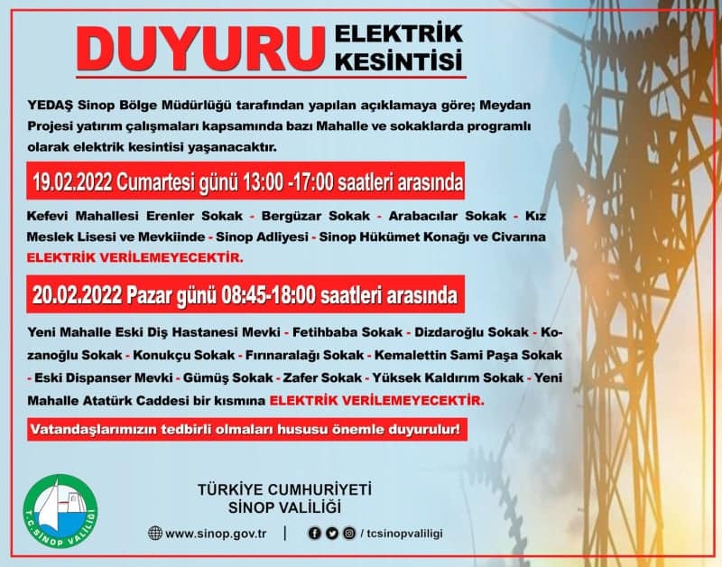 Yarın Sinop'un Bazı Mahallelere Elektrik Verilmeyecek!