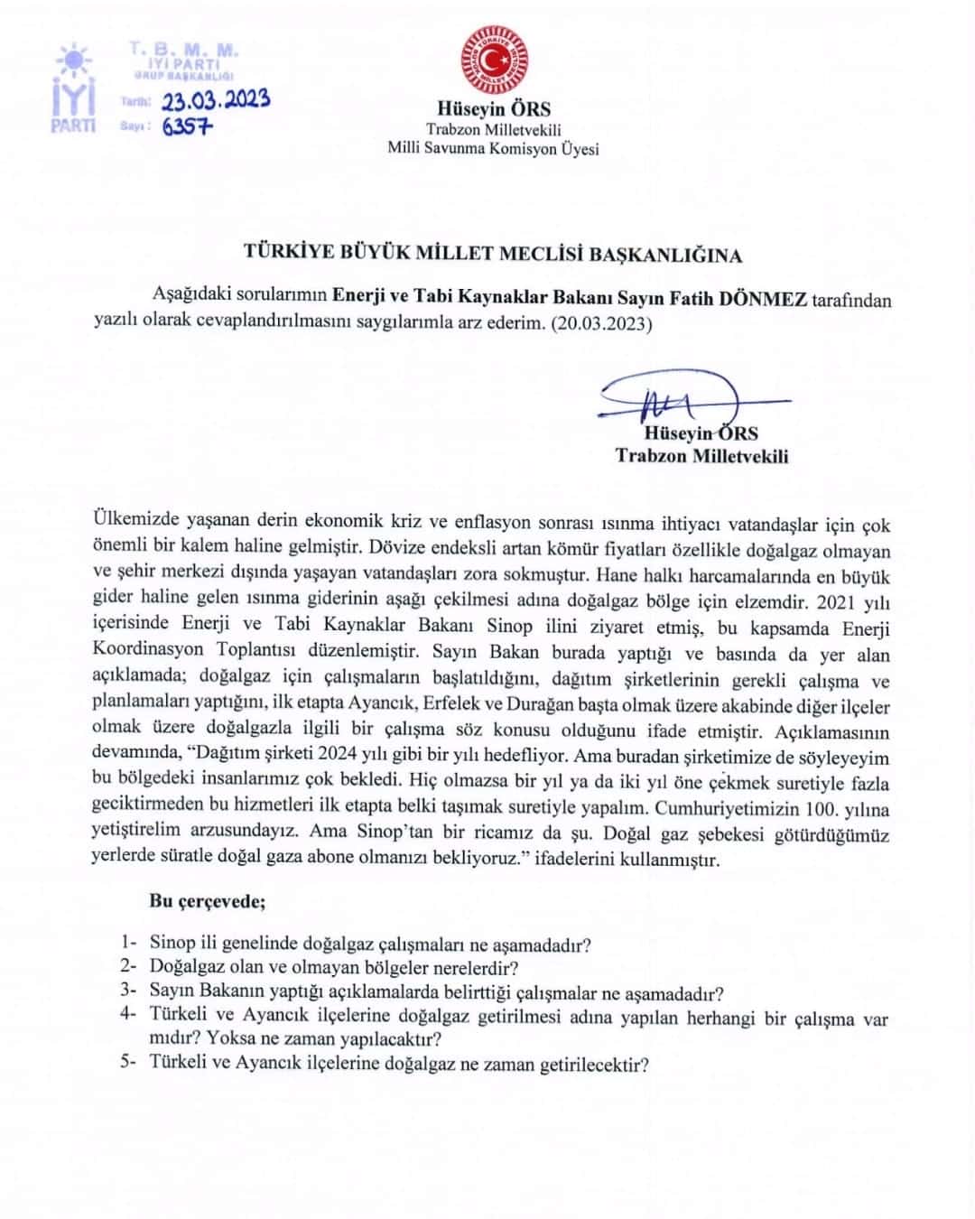 Ayancık ve Türkeli Doğalgazı Mecliste Gündeme Getirildi