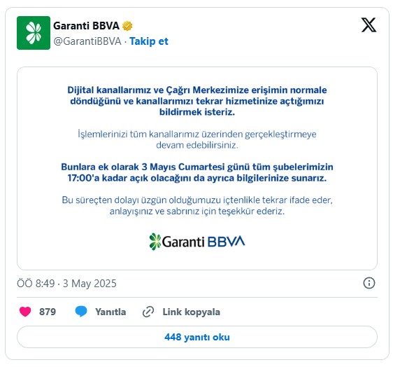 Garanti BBVA'dan "Hizmetler Normale Döndü" Açıklaması