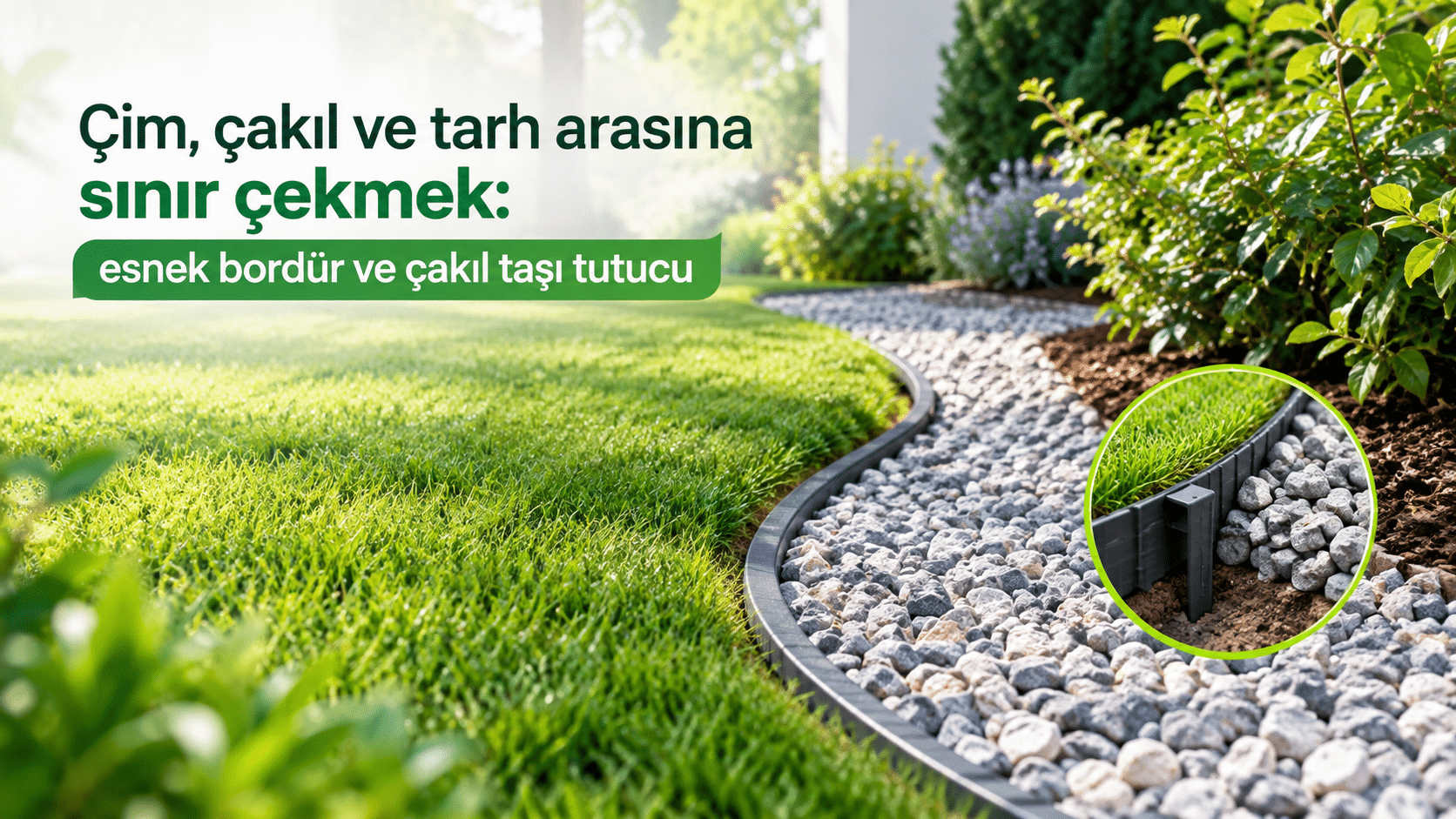 Çim, çakıl ve tarh arasına sınır çekmek: esnek bordür ve çakıl taşı tutucu
